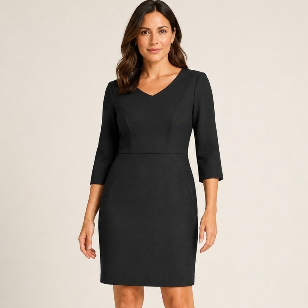 Daniel Hechter Paris Black V-Neck 3/4 Sleeve Sheath Dress Size 6